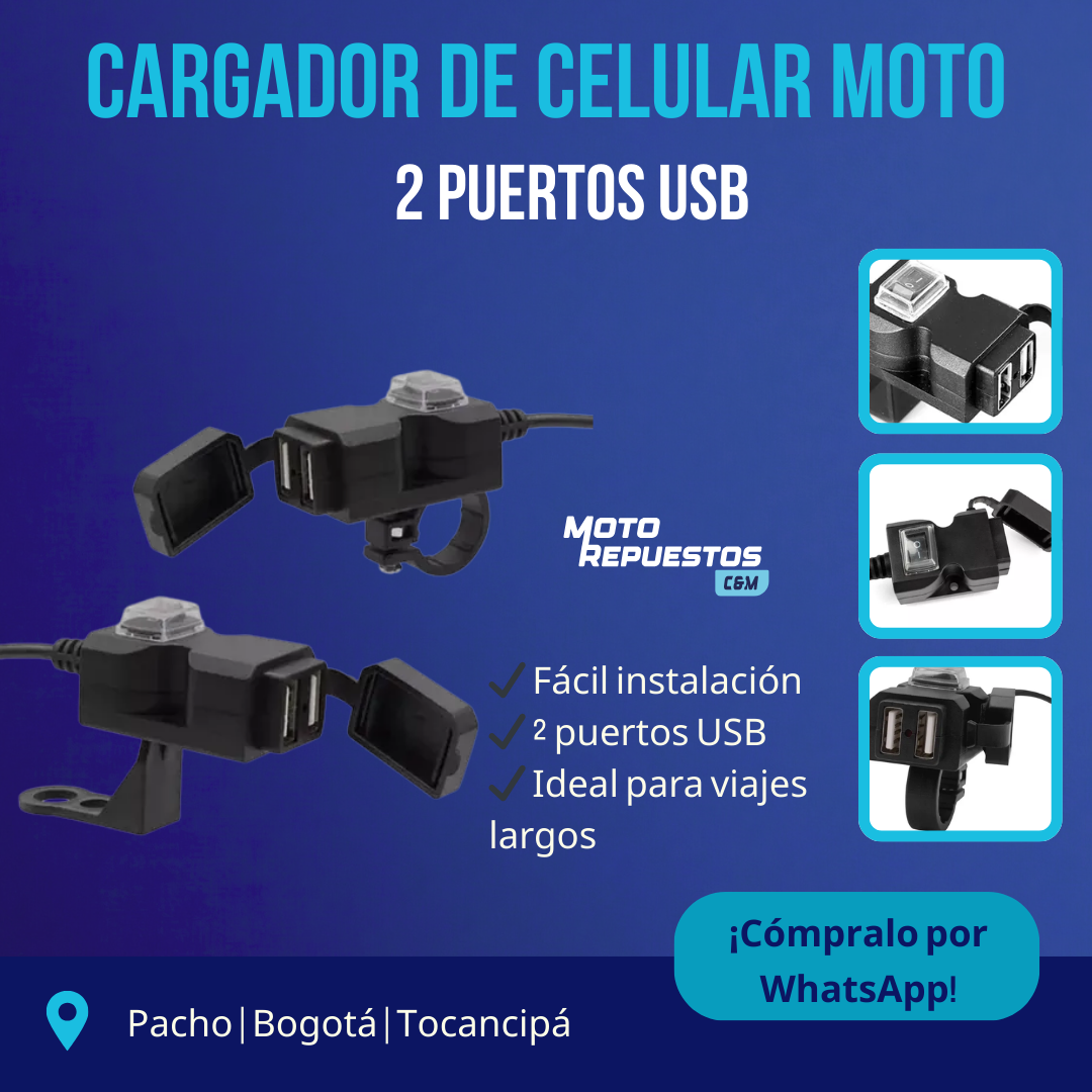 Cargador para Celular Moto con Doble Puerto USB | Resistente al Agua – Compatible 12V a 24V