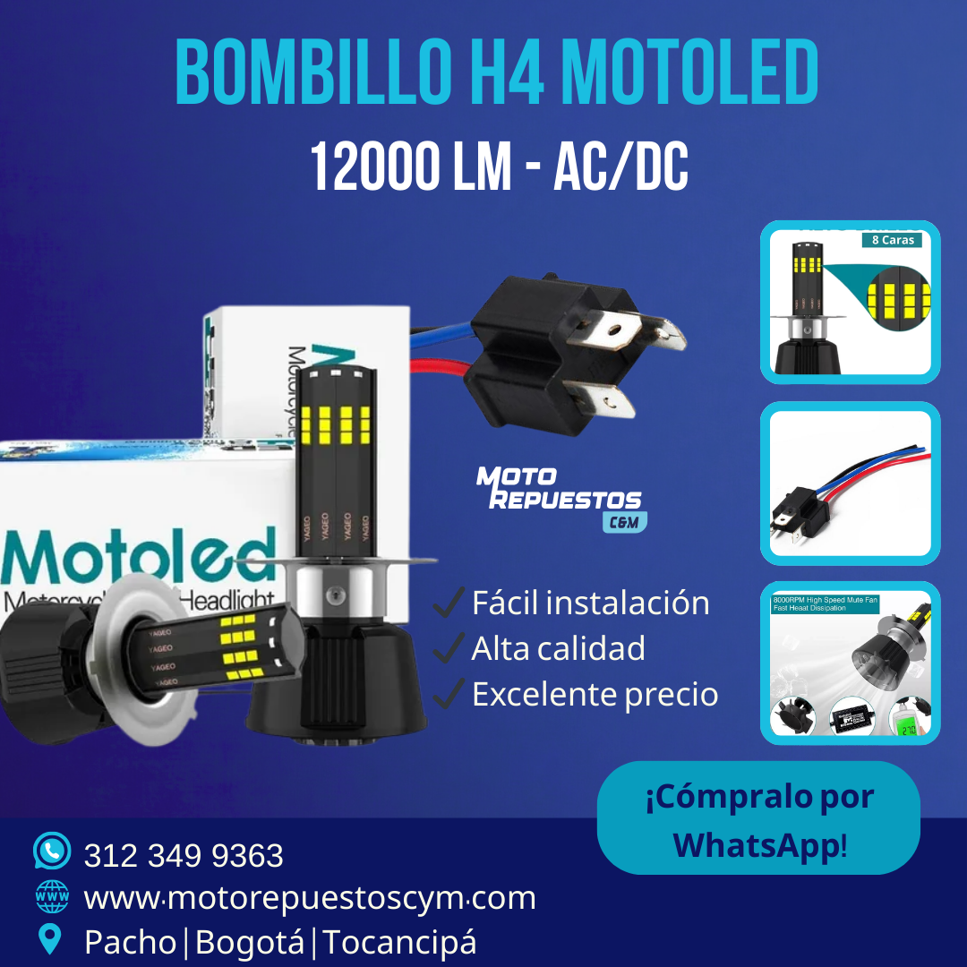 Bombillo LED H4 Motoled Original – 8 Caras / 12.000 Lm (AC/DC)