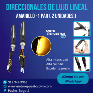 Direccionales LED lineales universales 12V, bajo consumo, tornillo 10 mm. Diseño moderno, fáciles de instalar y compatibles con la mayoría de motos.